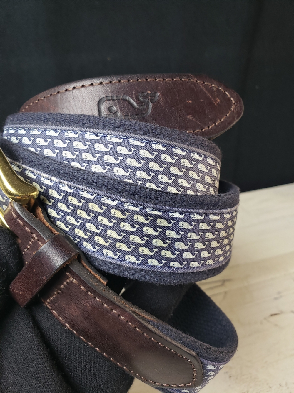 Vineyard Vines Navy Whale-Print Webbing Belt with Brown Leather - Picture 9 of 16
